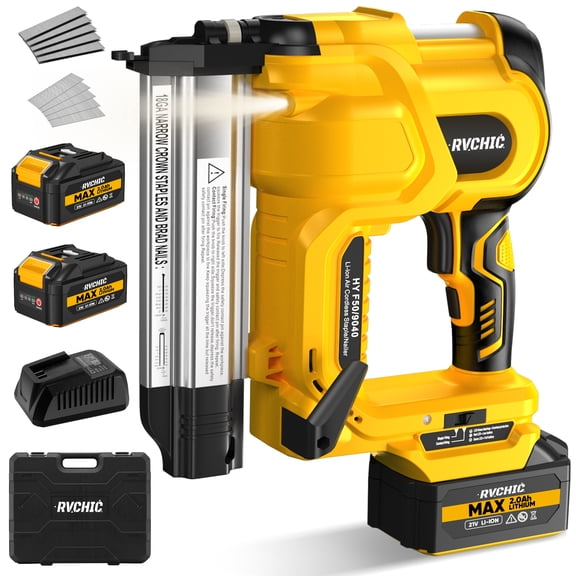 Rvchic 18GA Cordless Brad Nailer, 2-in-1 Electric Combo Kit with 2 Batteries, 1000 Nails/Staples for Upholstery, Carpentry, and Woodworking,Yellow
