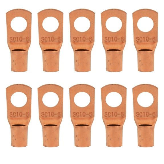 8 Gauge AWG Non-Insulated Pure Copper Lugs Ring Terminals Connectors 1/4" Inch Ring Size 10 Pack