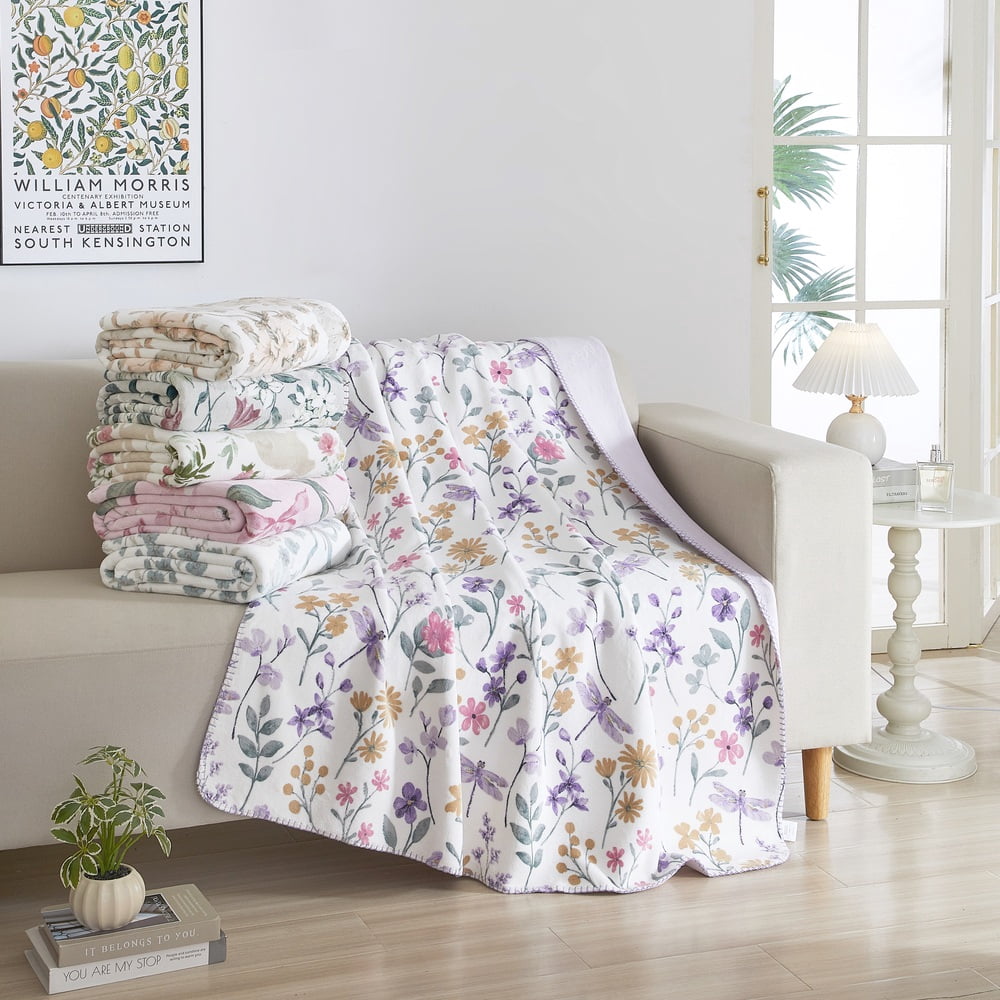 Bloom & Bunny Easter Printed Lush Plush Throw, Vida Floral Dragonfly Lilac, 50" x 60"