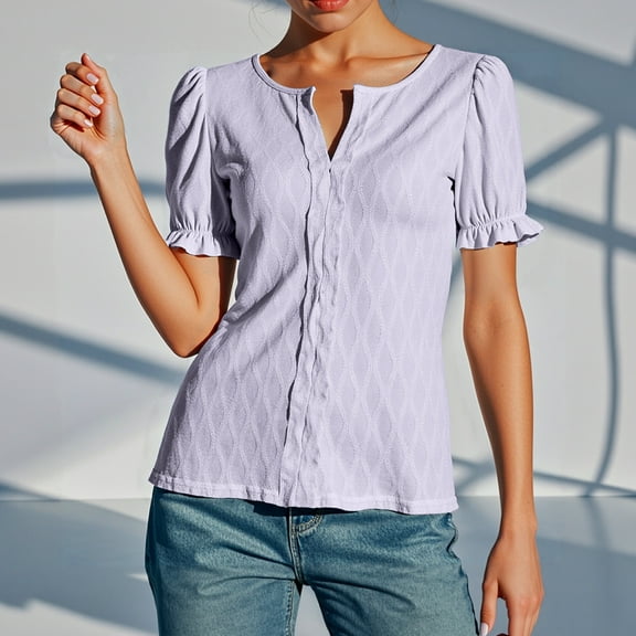 Hauaitttt Women Casual Loose Fit Short Sleeve T Shirt with Puff Sleeves and Jacquard Design for Spring Summer Fall Everyday Wear Vacation Womens T Shirts for Summer Long Sleeve Shirt Women for