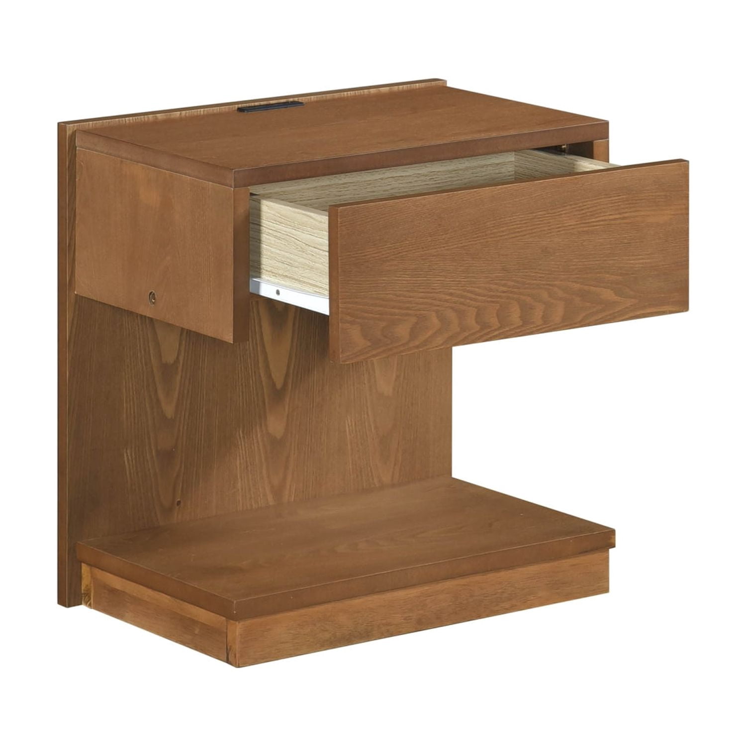 Modern End Table with Drawer, Open Shelf & USB Port Brown Wood Finish