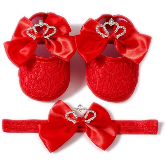 Newbron Baby Girls Mary Jane Shoes with Headband Soft Sole Anti-skidding Crown Bowknot Lace Princess Flats Infant Shower Wedding Dress Crib Shoes
