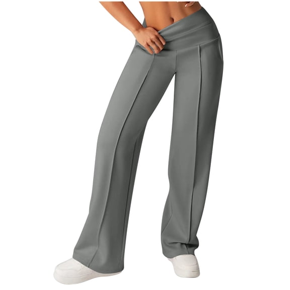 Qgtaibl Womens High Waisted Straight Leg Pants Casual Stretchy Workout Pants with Front Seam and Pockets Summer Solid Color Loose Fit Sweatpants Gray S