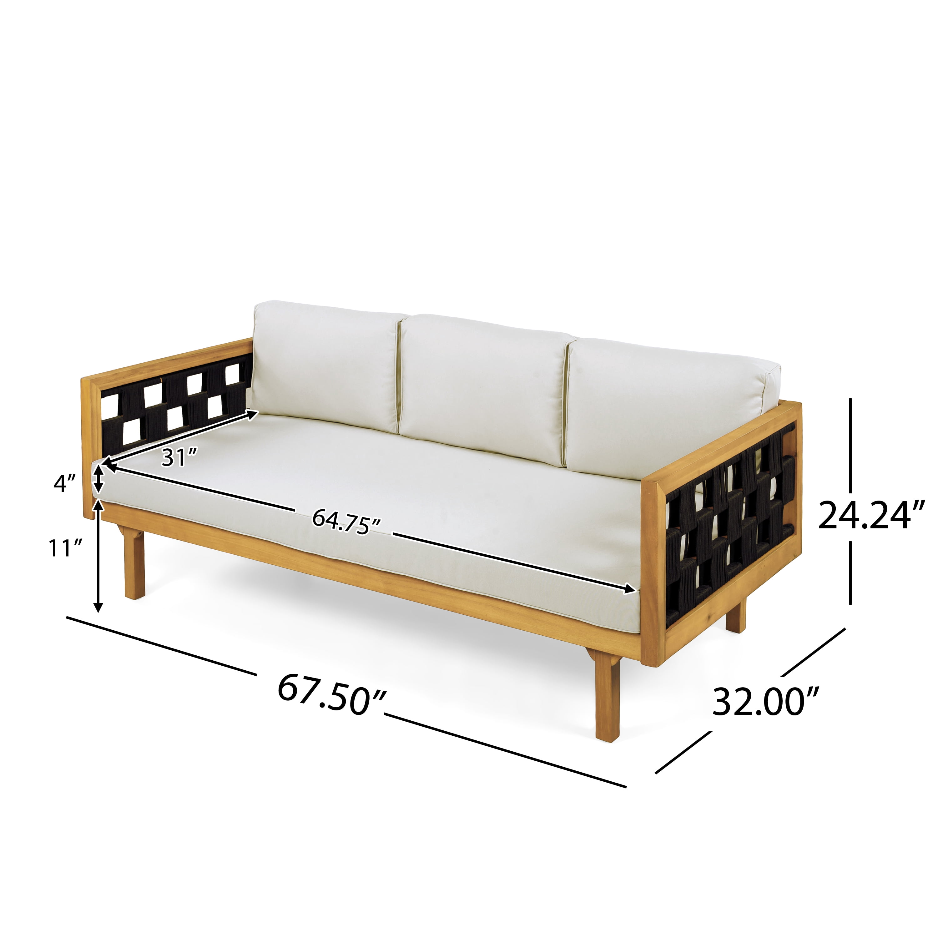 Three-Seater Daybed, Outdoor Acacia Wood Teak Finish Daybed with Light Grey Cushions for Patio Garden, Teak