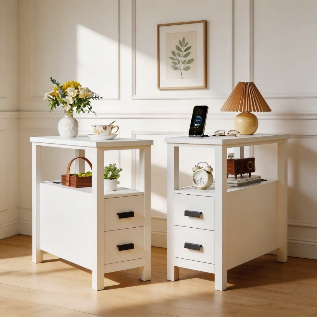End Table with Charging Station, 2 USB Ports & 2 Outlets, 2-Drawer Nightstand, Small Wood Bedside Table, Rustic Side Table for Bedroom & Office, White