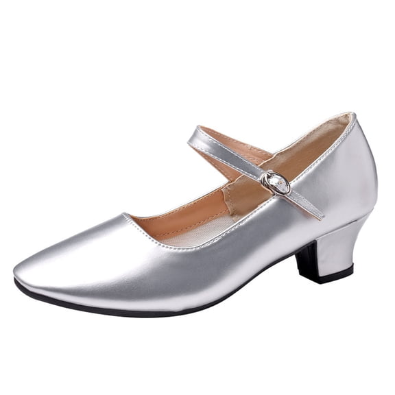 KEGIRLOM Female Teacher Latin Dance Shoes Adult Body Dance Exercise Plus Size Shoes Trendy Mid Heel Dance Shoes Silver Size 8.5