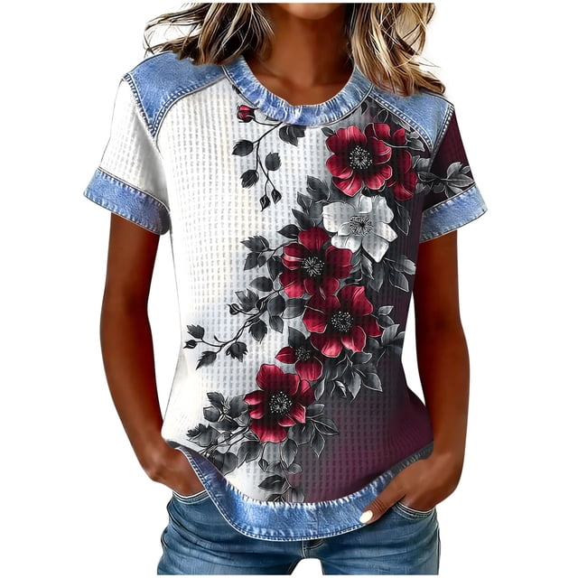 Tops de Manga Corta para las Mujeres Encaje Suelto Cuello Redondo Casual Color Sólido Blusa Camiseta Tops Sueltos
