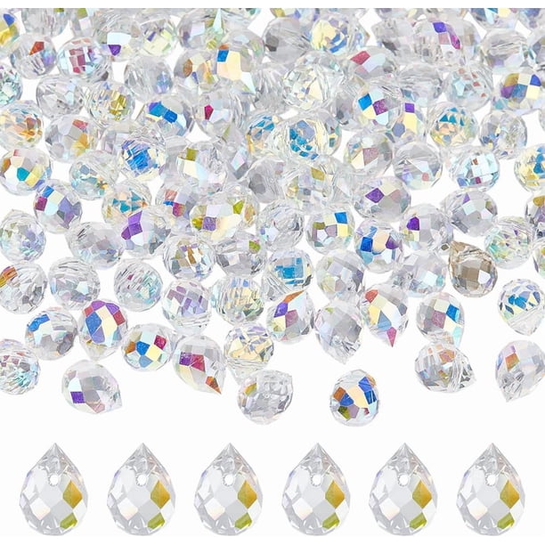 120 cuentas de vidrio transparente en forma de lágrima de 8 mm con perforaciones superiores, cuentas artesanales atrapasoles, cuentas facetadas de gota de agua a granel