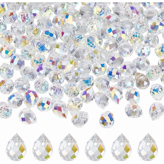 120Pcs Clear Teardrop Glass Beads 8mm Top Drilled Craft Beads Suncatcher Bead Bulk Water Drop Faceted Bead for DIY