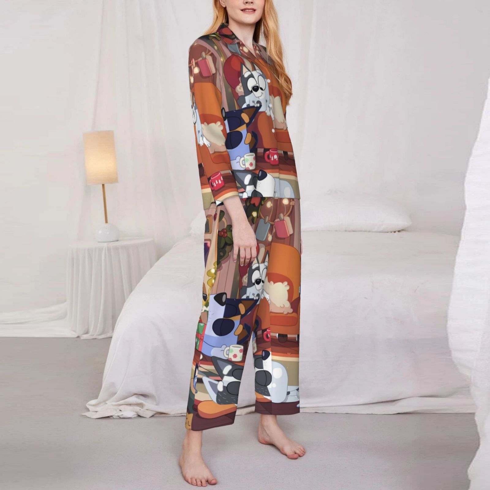 Silaia Bluey Print Women 2 Piece Pajama Set,Button Down Long Sleeve Sleepwear,Pjs Loungewear Sleepwear,Pj Lounge Sets-Large