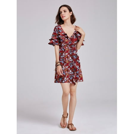 Flare Print Wrap - Alisa Pan Women's Fashion Short Flare Sleeve Floral Print Boho Summer Cocktail Party Casual Wrap Dresses on Clearance Sale 05928