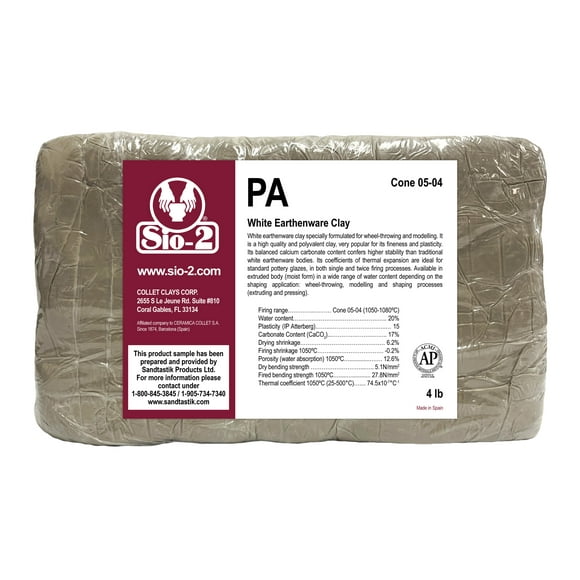 SIO-2 PA White Earthenware Ceramic Pottery Clay | 4 lb, Cone 05-03 | Low Fire Kiln-Fired Clay