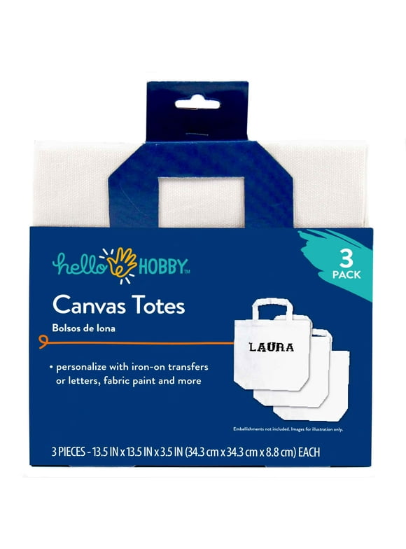 Hello Hobby, Large White Canvas Tote Bag With Strap, 3-Pack, 13.5 x 13.5 x 3.5