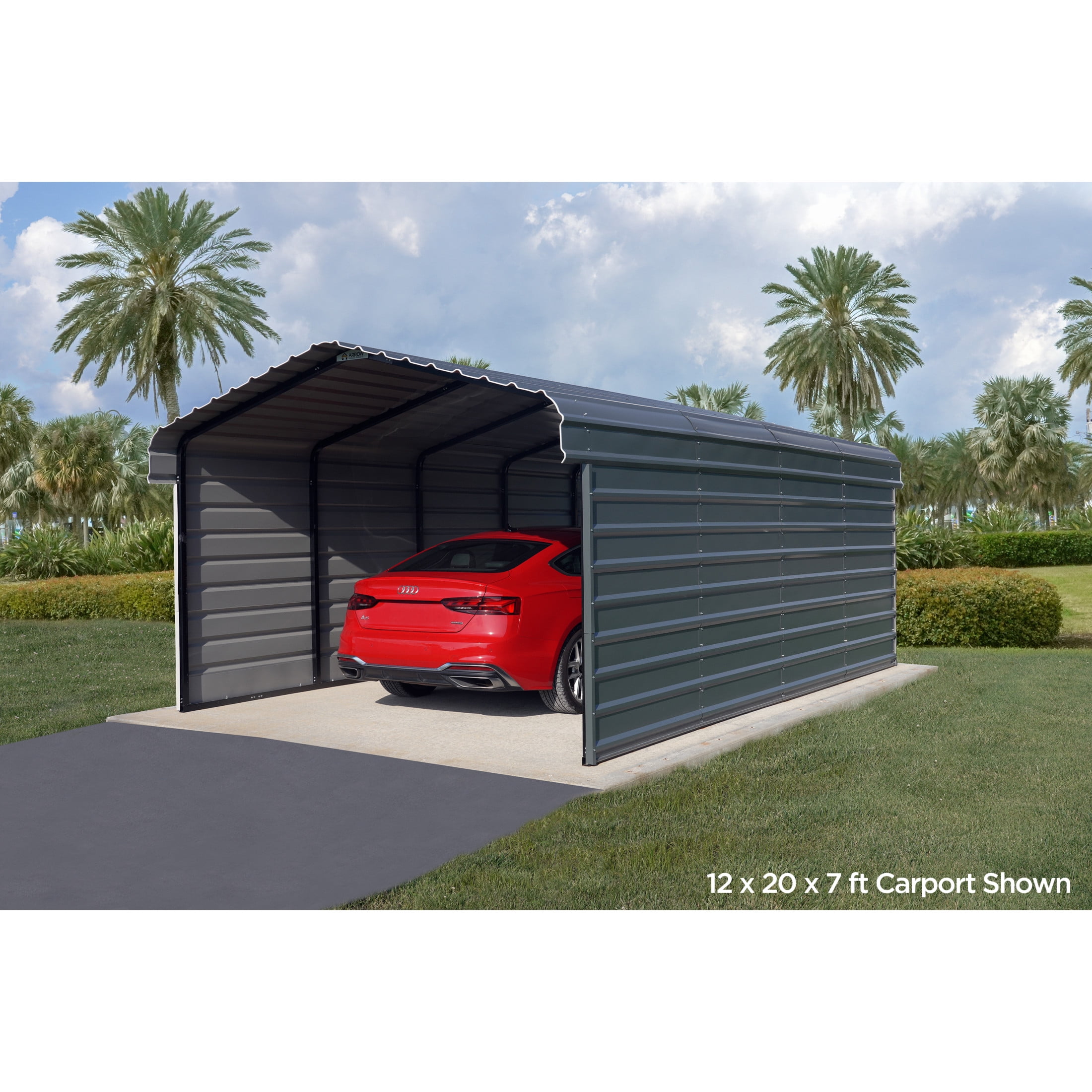 Arrow 12 x 20 x 9 ft Charcoal Steel Carport With 3 Wall Kits