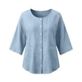 thumbnail image 5 of Tbopshirt Womens Blouses Summer Tops for Women 3/4-length Sleeve Color and Linen Button Fashion Top,Light Blue, 5 of 7