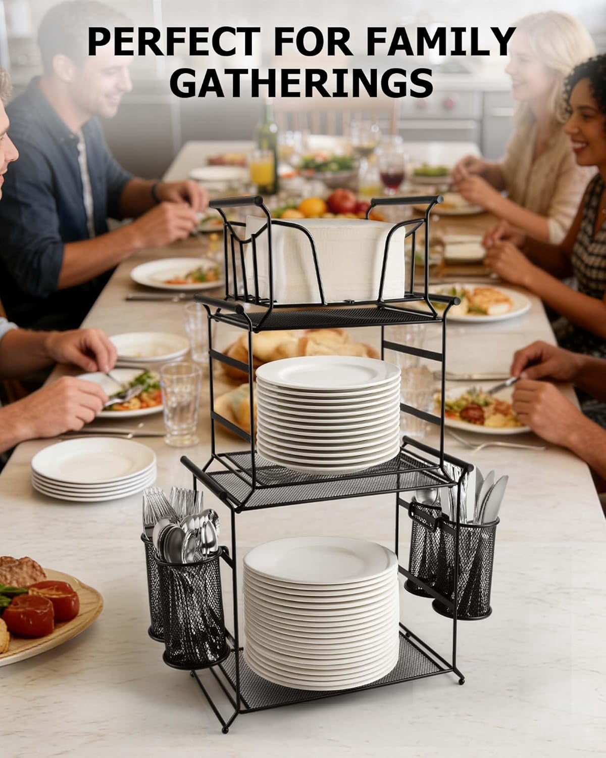 3-Tier Plate Organizer, 7-Piece Set Stackable Paper Plate Organizer, Detachable Mesh Buffet Caddy and Silverware Organizer