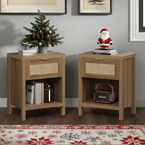 Surmoby Rattan Nightstand Set of 2,Farmhouse Bedside Tables Night Stands with Drawer and Storage Shelf,Boho Side Tables for Living Room,Bedroom,Oak