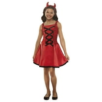 Girls Satiny Red Ribbon Devil Dress Halloween Costume Small (4-6)
