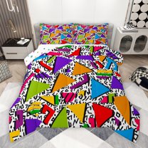 Manfei Teens Cartoon Graffiti Queen Comforter Set, Chic Minimalism Minimalst Bedding Sets, Colorful Triangle Reversible Bedding Comforter Set, Luxury Bedroom Decor, 3pcs