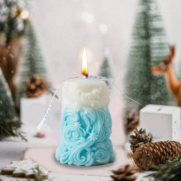 Vela perfumada con forma de columna romana geométrica navideña, elegante degradado azul y blanco con estrellas para decorar el hogar o regalar, con cera aromática para árboles navideños.