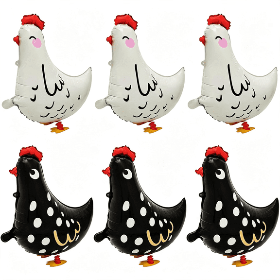 CYFW 6Pcs Walking Pet Chicken Foil Balloons,Standing Animal Mylar Balloon,Supplies Animal Theme Birthday Party Decorations Baby Shower (3Pcs White3Pcs Black)