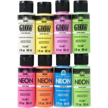 FolkArt Neon and Glow-in-the-Dark Acrylic Craft Paint Set, 8 Colors, 2oz, (Best Glow In The Dark Paint For Outdoor Use)