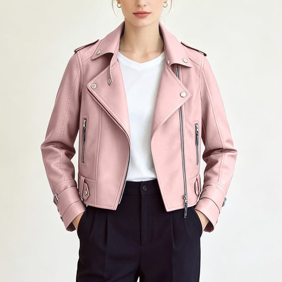 Womens Motorcycle Jacket Lapel Cropped Biker Jackets (Pink S)