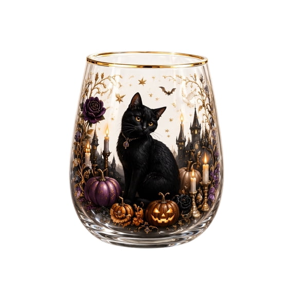 Halloween Artisan Glassware Collection for Spooky Sips, Hand-Painted Stemless Wine Glass, Gothic Black Cat Pumpkin Ghost Spider Tumbler, Macabre Autumn Home Bar Decor for Women Men