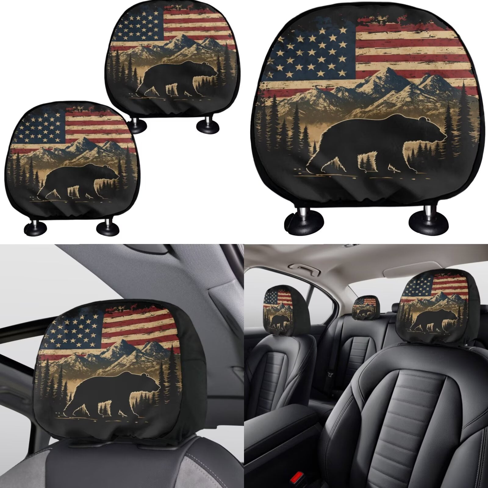 Garronmavis Bear American Flag Car Seat Covers Full Set Universal Vehicle Cushion Protectors with Cars Headrest Protectors+Wristlet Keychain+Auto Cup Coaster+Handbrake Gear+Shift Knob Cover