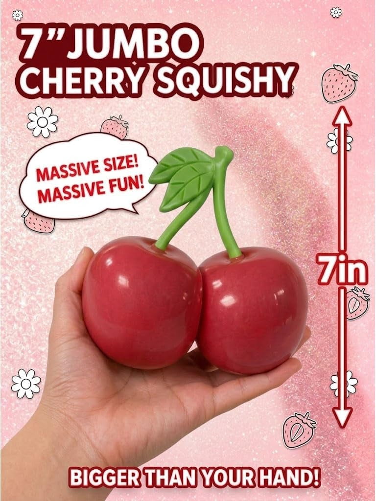 Jumbo Squishy Squeeze, Giant Strawberry Squishy, Realistic Cherry Banana Strawberry for Anxiety Relief Slow Rising, Sensory Fidget (Cherry)