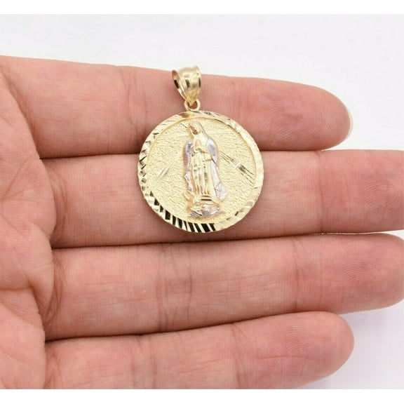 Diamond-Cut Virgin Mary Medallion Pendant Unisex Adult 10K Yellow White Gold 3.37 Gr, Goldum NYC