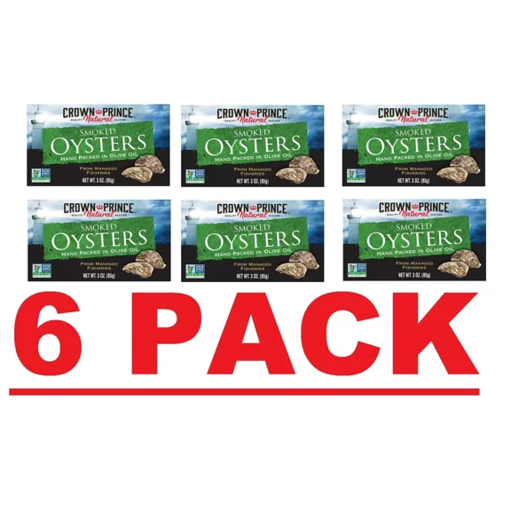 6 PACK - Crown Prince Natural Smoked Oysters in Pure Olive Oil 3 oz