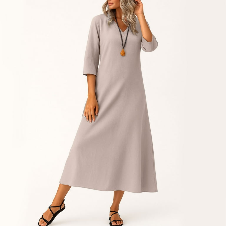 WTOBBY Women's Solid Color V-Neck 3/4 Sleeve Maxi Dress, Bohemian Style Beach  Dress with Pockets for Comfortable Vacation Wear,Light pink L - Walmart.com