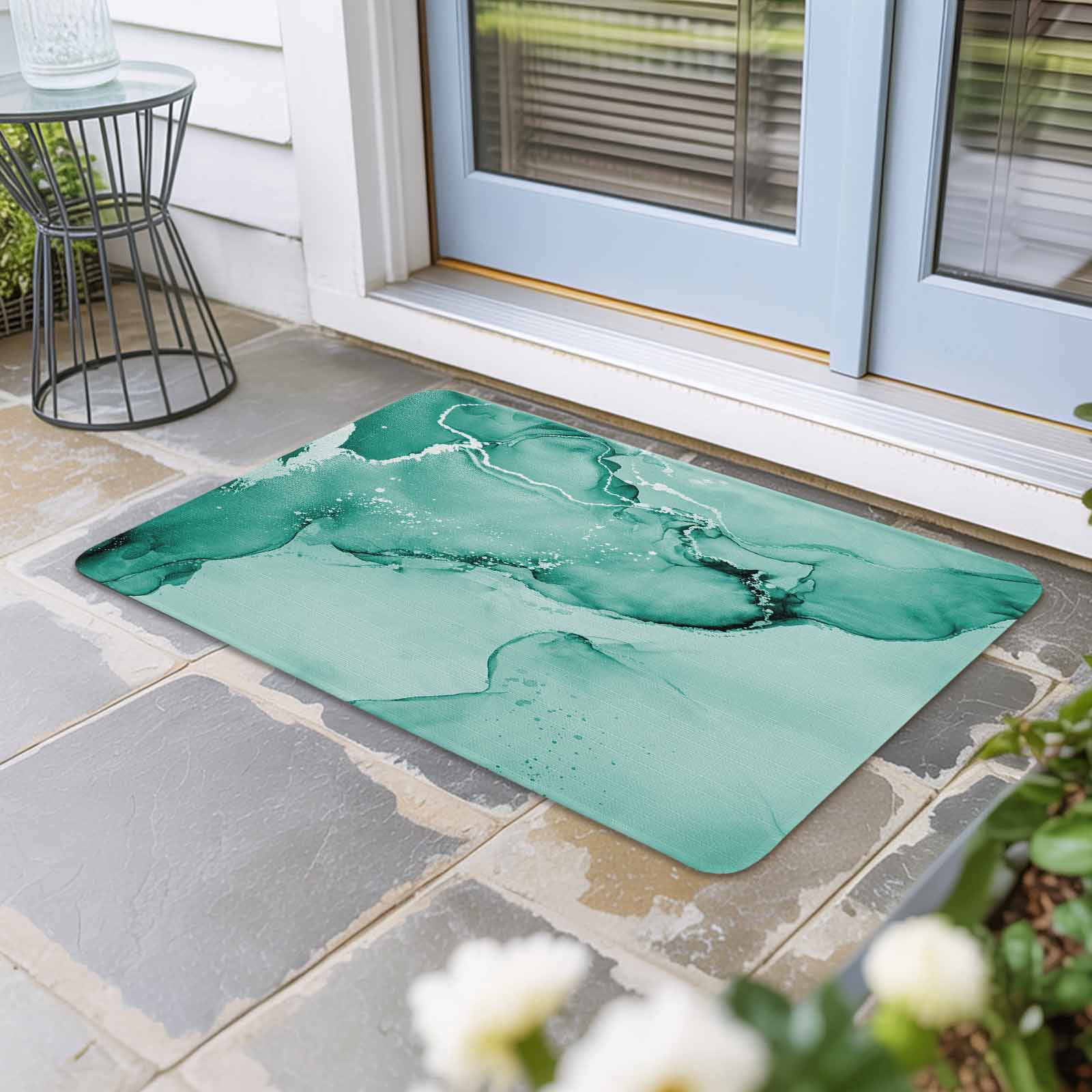 Turquoise Marble Doormat Outdoor Entrance 20"x31.5", Nature Marble Stone Ripple Modern Art Absorb Moisture Dirt Door Mats, Non-Slip Rubber Backing Floor Mats Indoor, Low-Profile Front Door Rugs