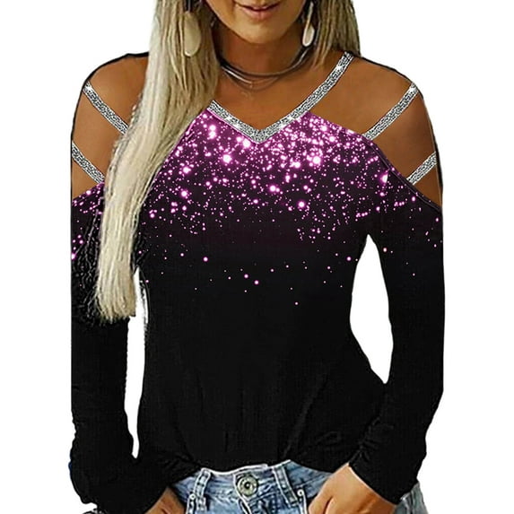 VSNOW Women Long Sleeve Cold Shoulder Print Tops T Shirt Blouse