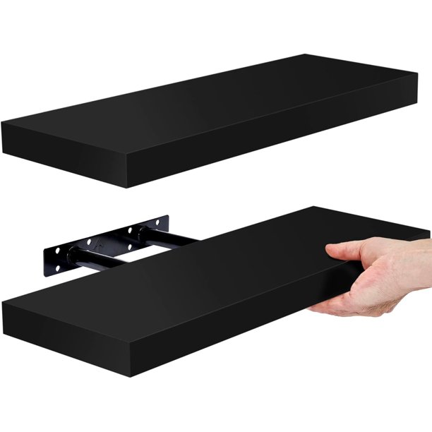 Sorbus Estantes Flotantes de Madera Negra de 16" (Juego de 2): Almacenamiento de Pared para Decoración, Marcos y Trofeos