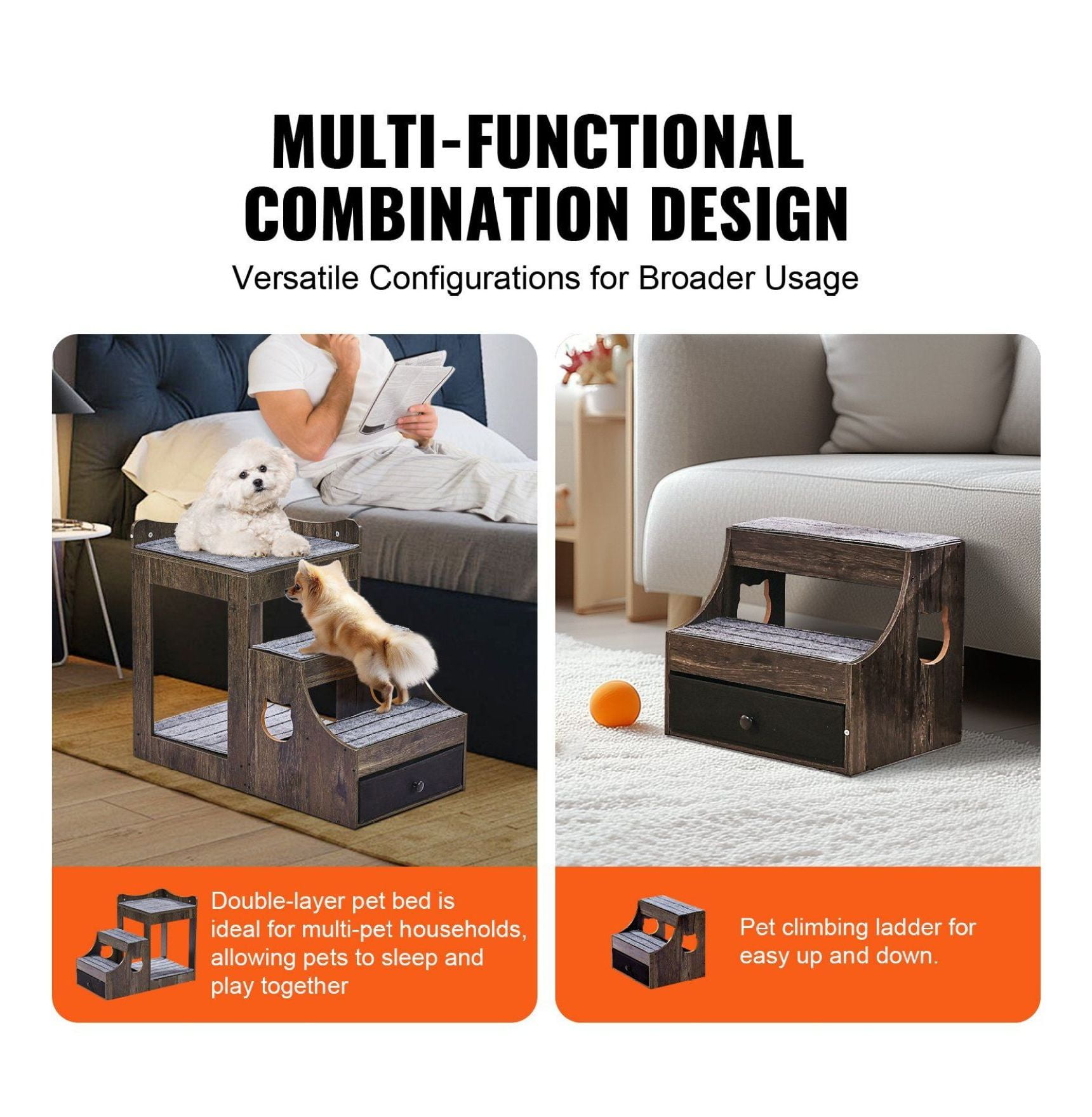 Pet Bunk Bed with Stairs Dog/Cat Window Perch with Storage Indoor Gray