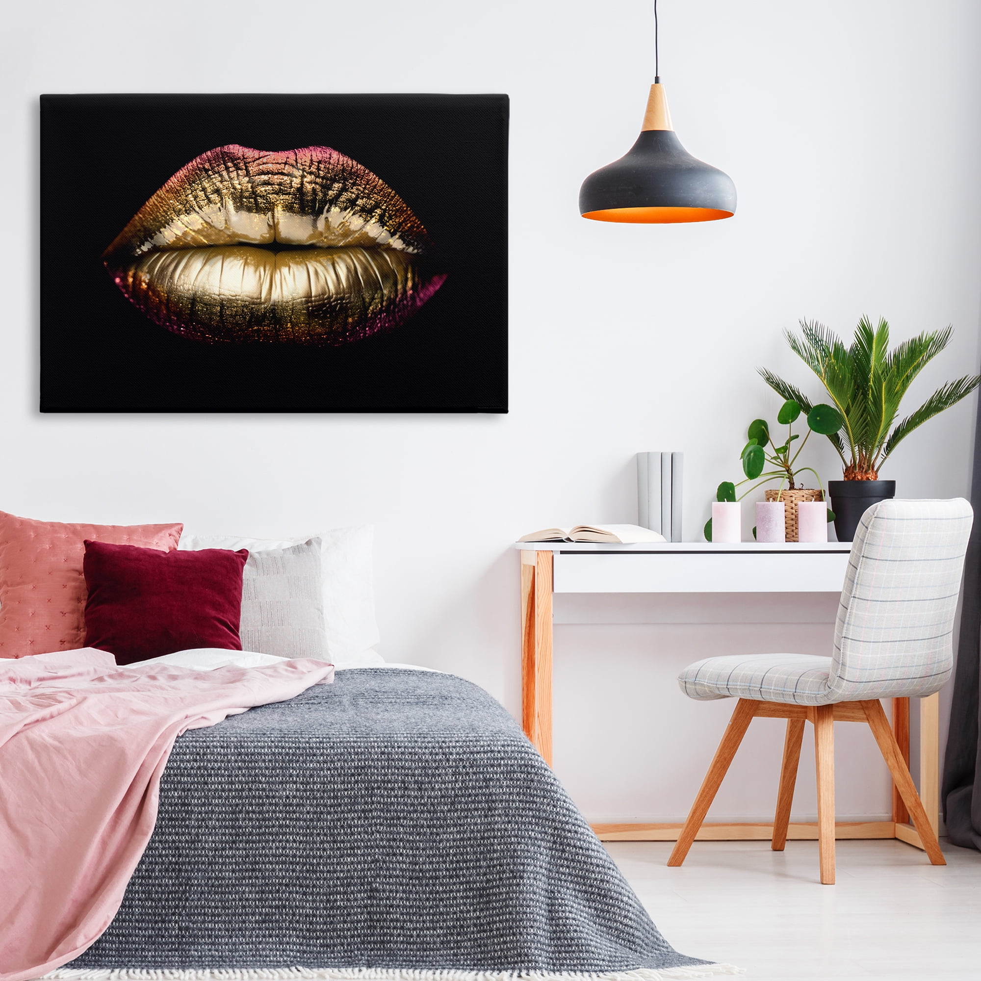 Stupell Industries Pink & Gold Lipstick Fashion Painting Wrapped Canvas Art Print Wall Art, 45 x 30
