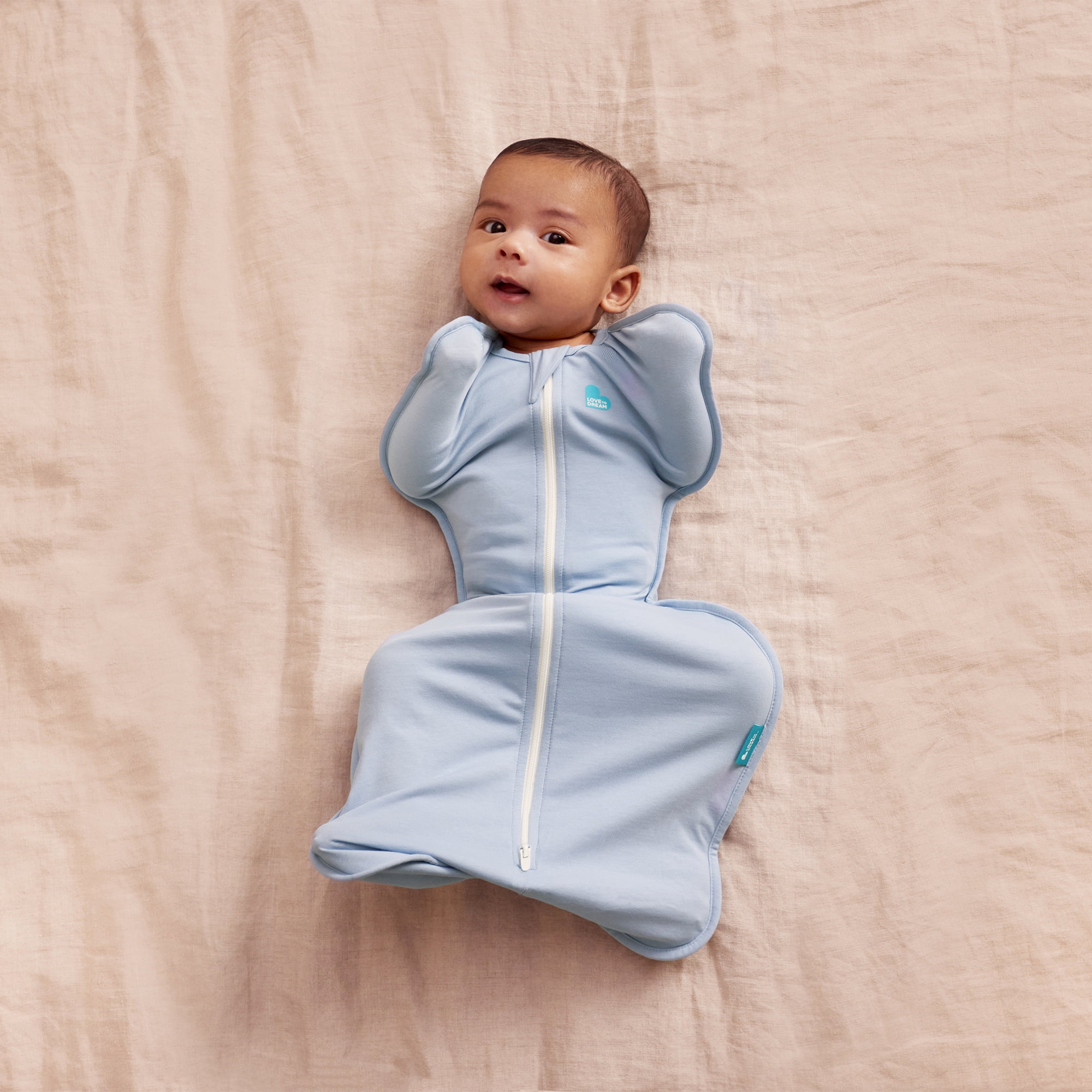 Love to Dream Swaddle Up LITE Cotton 0.2 TOG Baby Sleep Sack, Arms Up Design, Twin Zipper, Small 8-13 lbs, Light Blue