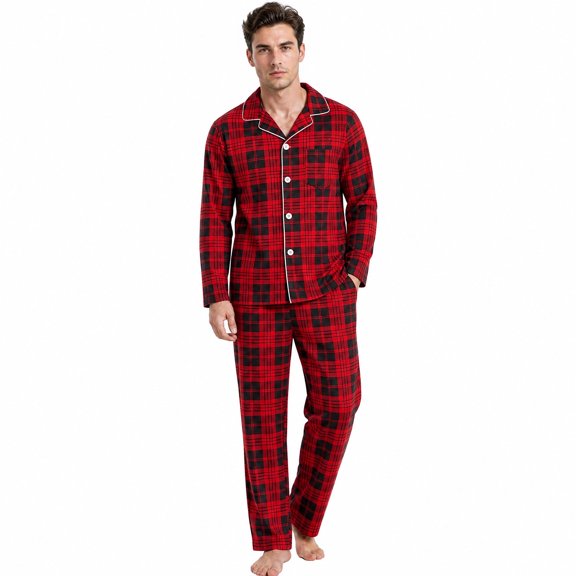 Vulcanodon Mens Flannel Plaid Pajama Set，Long Pajamas Warm Lightweight Pjs Set with Pockets(Red-black Plaid, Large)