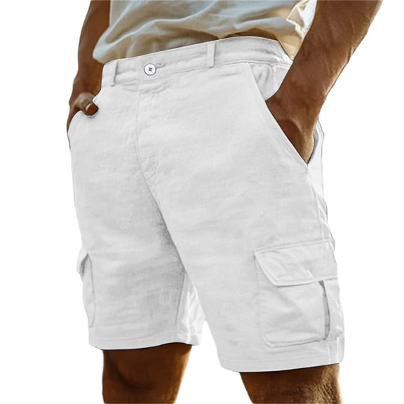 BVnarty Men's Solid Parallel Pleated Multi-Pocket Shorts, Breathable & Versatile Summer Casual Everyday Wear Shorts White L