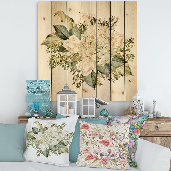 Designart 'Beautiful Bouquet With Roses and Hudrangea' Farmhouse Print on Natural Pine Wood