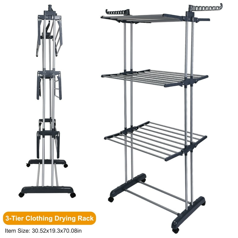 KINGRACK Clothes Drying Rack, 3-Tier Folding Indoor Laundry Drying Rack with Wheels 4 Hooks, Metal, White, Size: 26.18 x 1.38 x 28.15