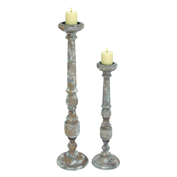 Set Two Pillar Candle Holders Tall Slender Distressed Brown Gray Decor