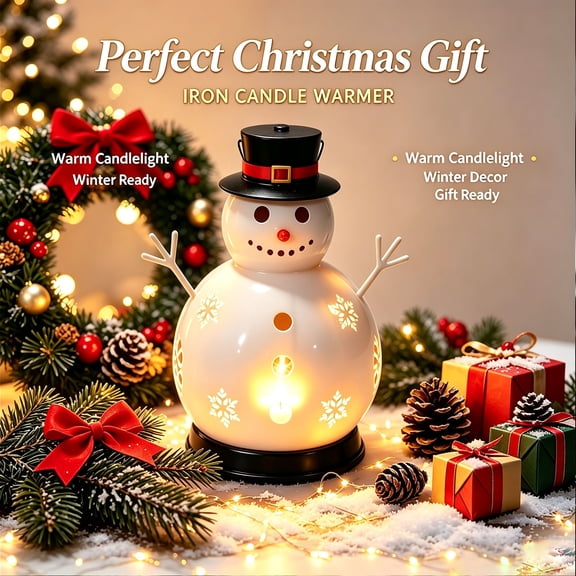 Christmas Snowman Candle Warmer Stove Decoration, Festive Desktop Ornament with Cozy Winter Fireplace Style, Seasonal Tabletop Accent for Home Holiday Decor Accent, White