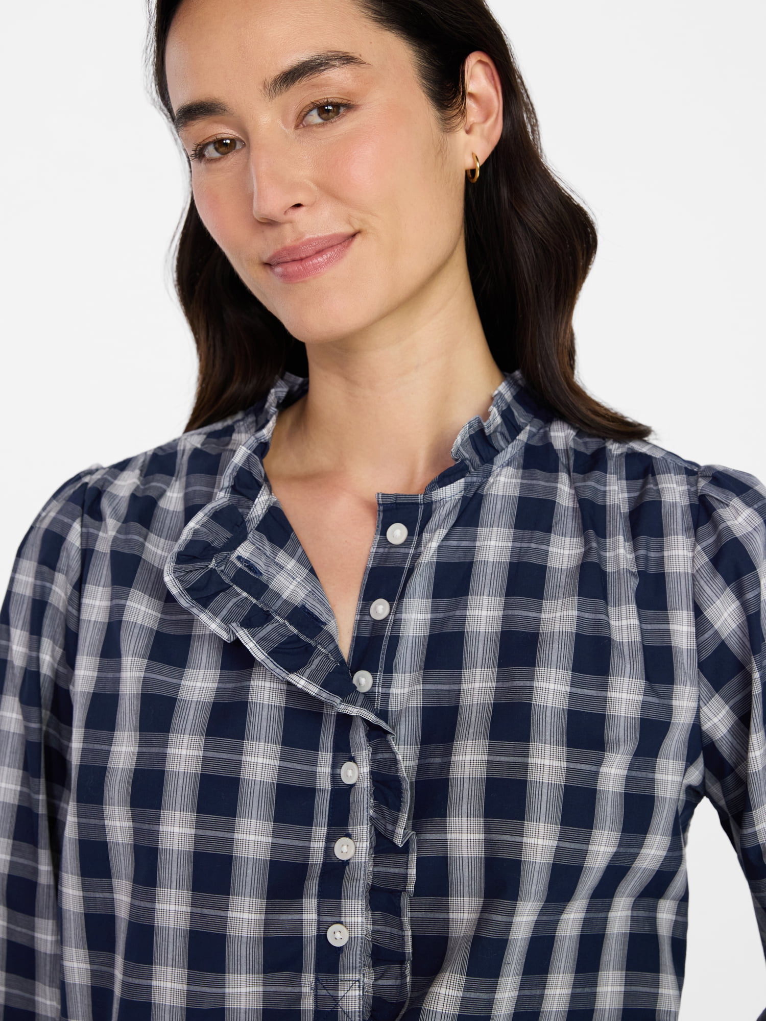 Time and Tru Women's Ruffle Neck Button Front Cotton Shirt with Long Sleeves, Sizes XS-XXXL