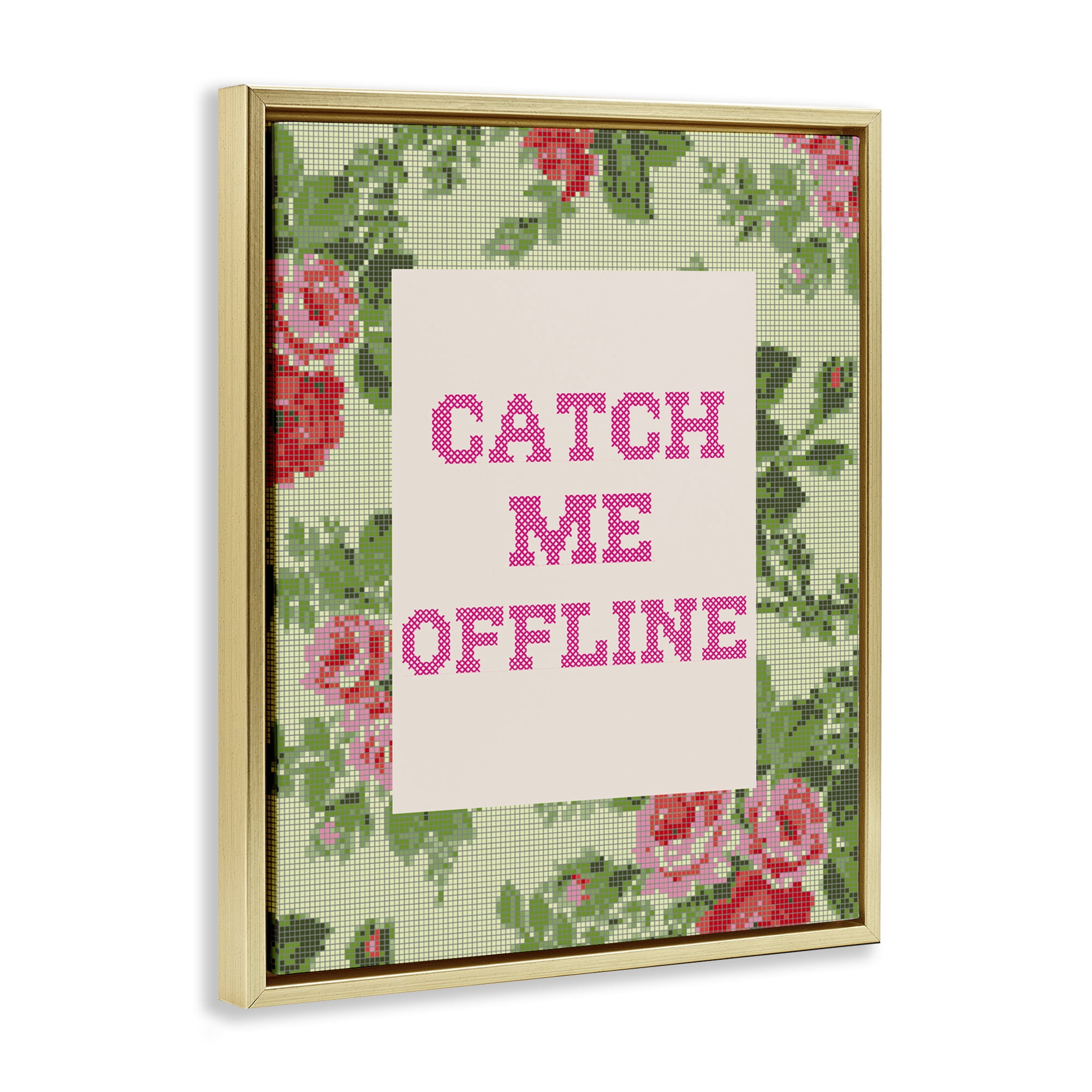 Stupell Industries Catch Me Offline Faux Cross Stitch Gold Framed Floater Canvas Wall Art, design by Lil' Rue