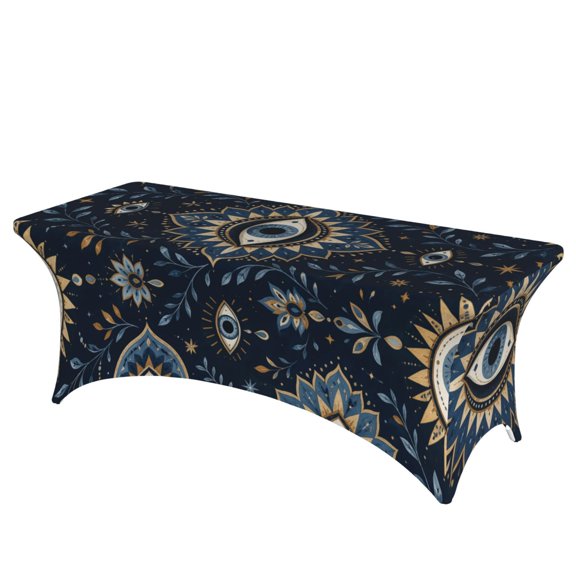 Mystical Blue Protection Symbol Stretch Rectangular Table Cover 6FT Elastic Fitted Tablecloth for Parties, Weddings, Banquets