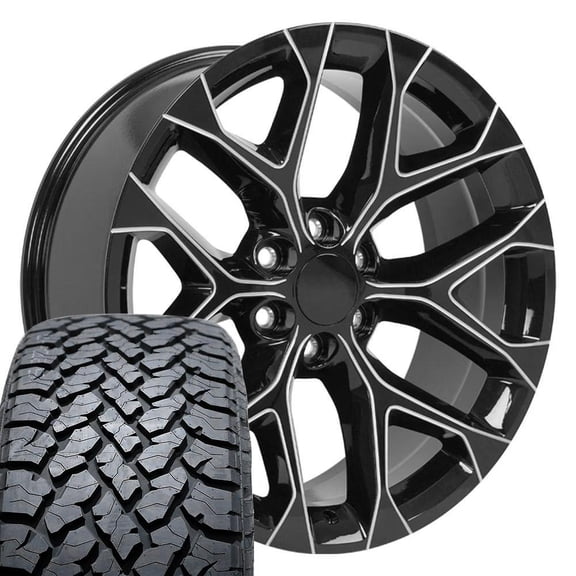 OE Wheels CV98 22 Inch Rims and Tires Fit Silverado 1500 Snowflake Style 6x139.7 22x9 Gloss Black with Milled Edge - Hollander 5668 - TS-37 AT 285/45-22 (Set of 4)