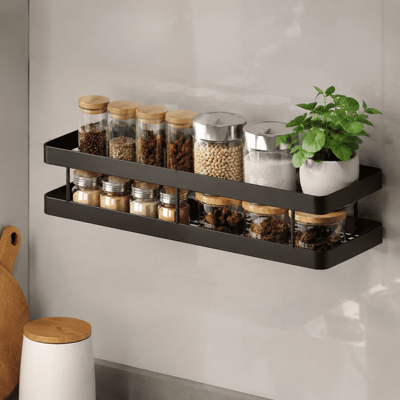 Liujiale Kitchen Wall-Mounted Spice Rack Organizer | Metal No-Drill Shelf | Multi-Function Storage for Spices, Jars, Toiletries | 30x12.5x5.5cm | Install | 1pc | Space-Saving Design